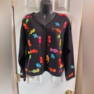 MARISA CHRISTINA ♡ Vintage Black Colorful Kitty Cat's 'n Mice Cardigan Sweater L